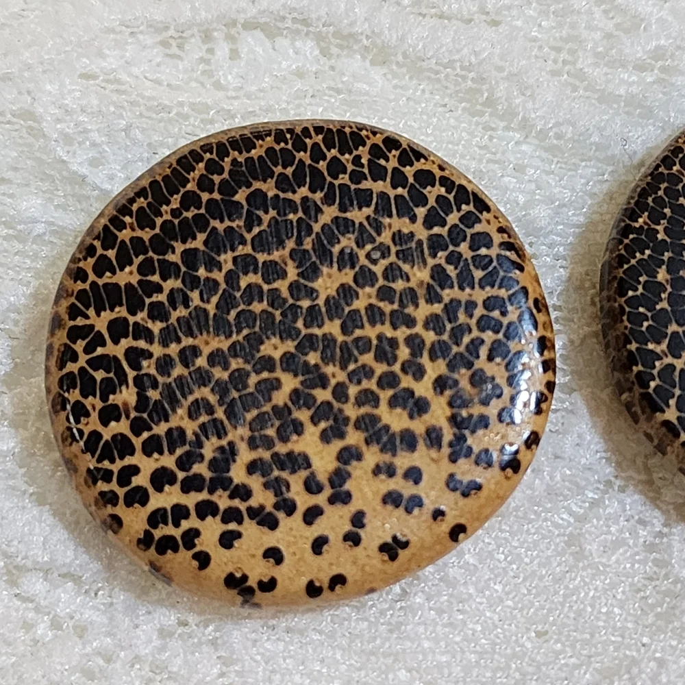 Vintage Round Wooden Animal Print Tan and Black Pierced Earrings